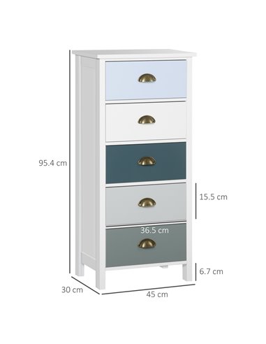 HOMCOM Chest of Drawers, 5-Drawer Dresser with Metal Handle, Slim Storage Organiser Unit for Living Room, Bedroom
