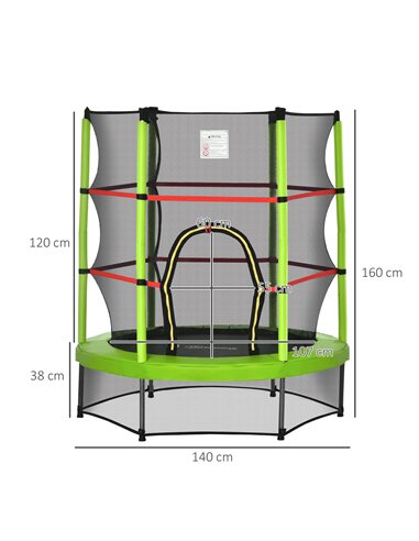 HOMCOM 5.2FT/63 Inch Kids Trampoline with Enclosure Net Steel Frame Indoor Round Bouncer Rebounder Age 3 to 6 Years Old Green 34