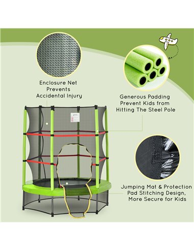 HOMCOM 5.2FT/63 Inch Kids Trampoline with Enclosure Net Steel Frame Indoor Round Bouncer Rebounder Age 3 to 6 Years Old Green 34