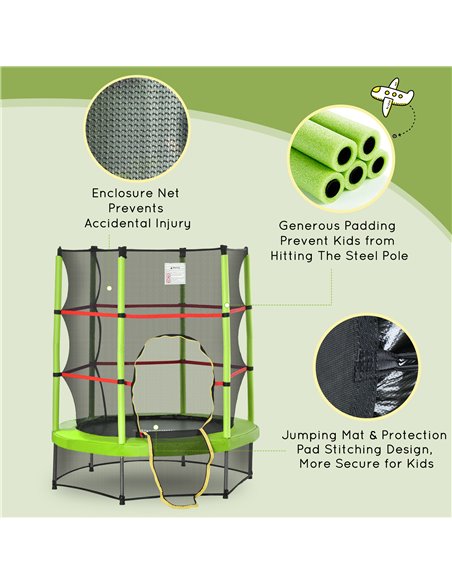 HOMCOM 5.2FT/63 Inch Kids Trampoline with Enclosure Net Steel Frame Indoor Round Bouncer Rebounder Age 3 to 6 Years Old Green 34 - pic 68034 | FastDaddyshop