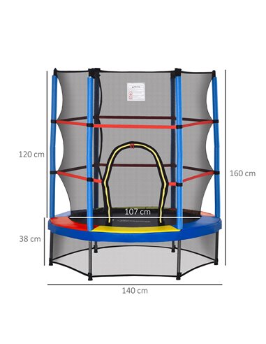 HOMCOM 5.2FT/63 Inch Kids Trampoline with Enclosure Net Steel Frame Indoor Round Bouncer Rebounder Age 3 to 6 Years Old Multi-co