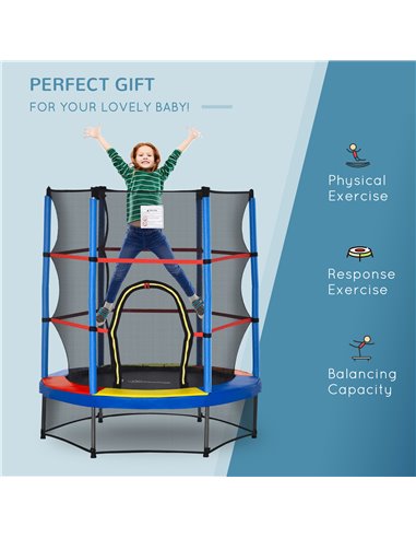 HOMCOM 5.2FT/63 Inch Kids Trampoline with Enclosure Net Steel Frame Indoor Round Bouncer Rebounder Age 3 to 6 Years Old Multi-co
