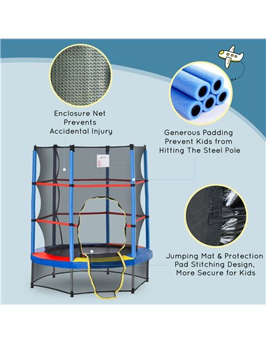 HOMCOM 5.2FT/63 Inch Kids Trampoline with Enclosure Net Steel Frame Indoor Round Bouncer Rebounder Age 3 to 6 Years Old Multi-co
