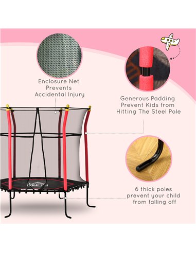 HOMCOM 5.2FT / 63 Inch Kids Trampoline With Enclosure Net Mini Indoor Outdoor Trampolines for Child Toddler Age 3 - 10 Years Red