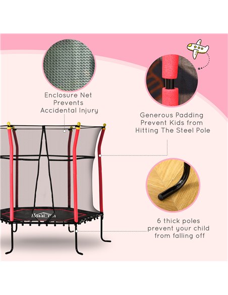 HOMCOM 5.2FT / 63 Inch Kids Trampoline With Enclosure Net Mini Indoor Outdoor Trampolines for Child Toddler Age 3 - 10 Years Red - pic 68087 | FastDaddyshop