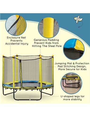HOMCOM 4.6FT / 55 Inch Kids Trampoline with Enclosure Safety Net Pads Indoor Trampolines for Child 3-10 Years Old, Yellow 342-06