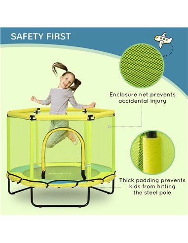 ZONEKIZ 140 cm Kids Trampoline, Hexagon Indoor Bouncer Jumper with Security Enclosure Net, Bungee Gym for Children 1-6 Years Old