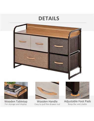 HOMCOM 5-Drawer Dresser, Linen Fabric Chest of Drawers, Dresser Tower Unit for Bedroom Hallway Entryway, Storage Organizer with 