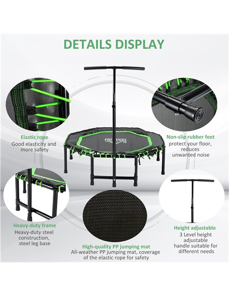 HOMCOM 48" Octagonal Mini Fitness Rebounder Trampoline Indoor Outdoor Foldable Mini Jumper with Adjustable Handle, Green A71-007 - pic 68186 | FastDaddyshop