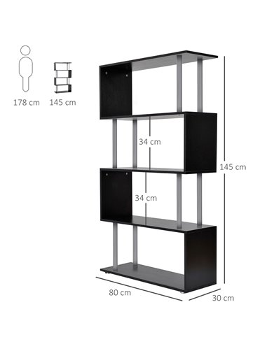 HOMCOM S-Shaped Bookcase, Contemporary Wooden Bookshelf Dividers, Spacious Storage Display Unit, Elegant Black, Ideal for Home a