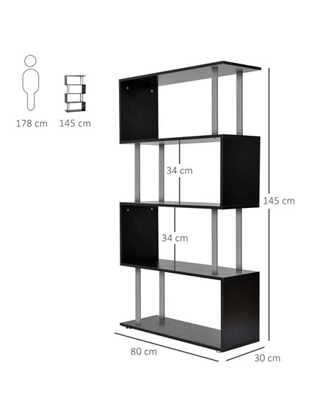 HOMCOM S-Shaped Bookcase, Contemporary Wooden Bookshelf Dividers, Spacious Storage Display Unit, Elegant Black, Ideal for Home a - pic 68211 | FastDaddyshop