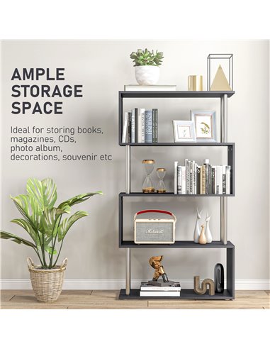 HOMCOM S-Shaped Bookcase, Contemporary Wooden Bookshelf Dividers, Spacious Storage Display Unit, Elegant Black, Ideal for Home a