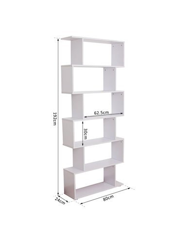 HOMCOM S Shape Wooden 6-tier Bookshelf Open Concept Bookcase Storage Display Unit for Home Office Living Room, White 831-037WT