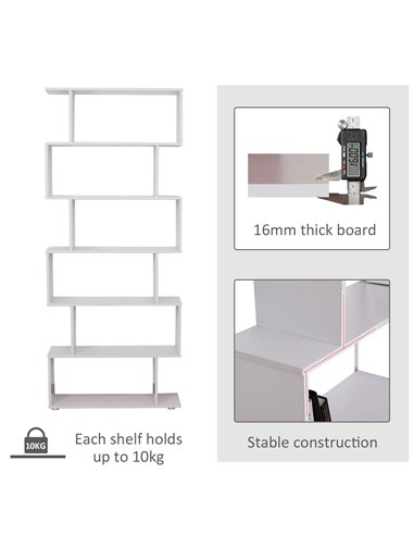 HOMCOM S Shape Wooden 6-tier Bookshelf Open Concept Bookcase Storage Display Unit for Home Office Living Room, White 831-037WT