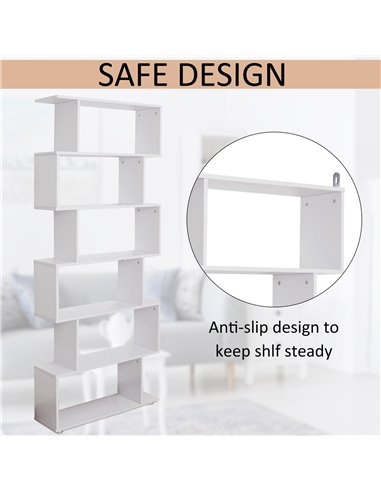 HOMCOM S Shape Wooden 6-tier Bookshelf Open Concept Bookcase Storage Display Unit for Home Office Living Room, White 831-037WT