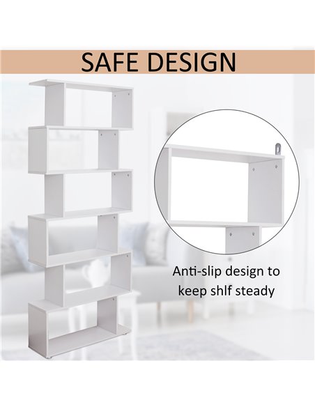 HOMCOM S Shape Wooden 6-tier Bookshelf Open Concept Bookcase Storage Display Unit for Home Office Living Room, White 831-037WT - pic 68231 | FastDaddyshop
