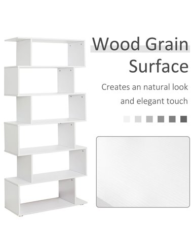 HOMCOM S Shape Wooden 6-tier Bookshelf Open Concept Bookcase Storage Display Unit for Home Office Living Room, White 831-037WT
