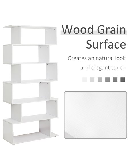 HOMCOM S Shape Wooden 6-tier Bookshelf Open Concept Bookcase Storage Display Unit for Home Office Living Room, White 831-037WT - pic 68232 | FastDaddyshop
