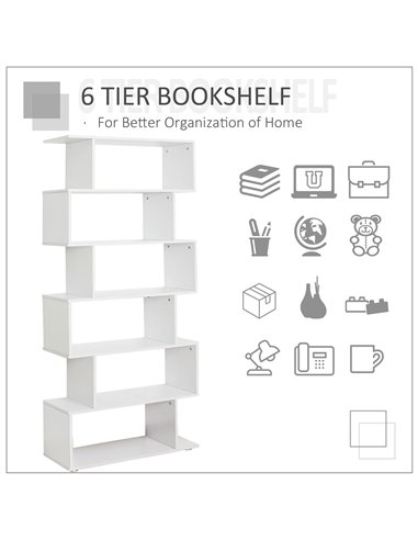 HOMCOM S Shape Wooden 6-tier Bookshelf Open Concept Bookcase Storage Display Unit for Home Office Living Room, White 831-037WT