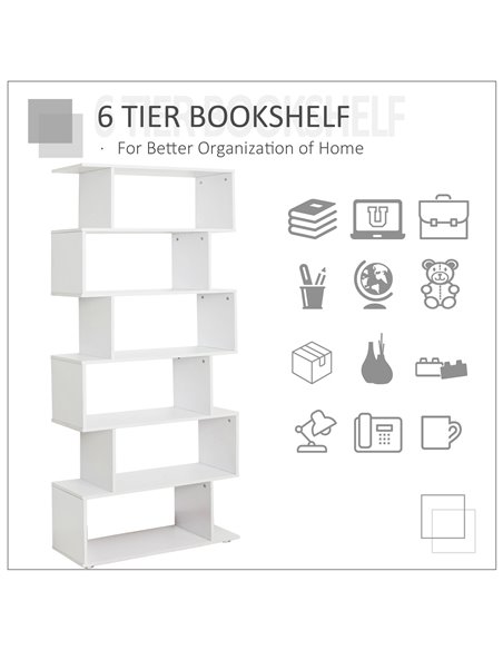 HOMCOM S Shape Wooden 6-tier Bookshelf Open Concept Bookcase Storage Display Unit for Home Office Living Room, White 831-037WT - pic 68233 | FastDaddyshop