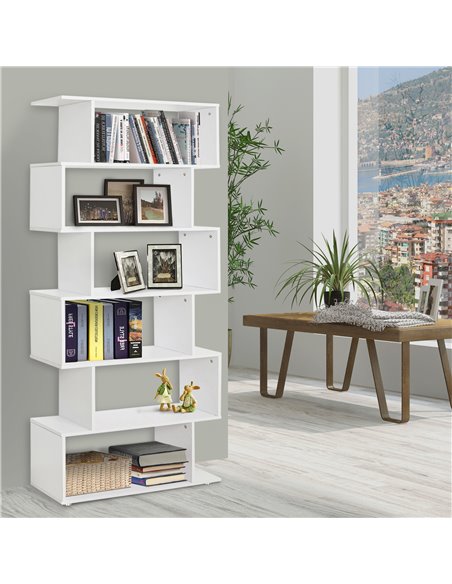 HOMCOM S Shape Wooden 6-tier Bookshelf Open Concept Bookcase Storage Display Unit for Home Office Living Room, White 831-037WT - pic 68234 | FastDaddyshop