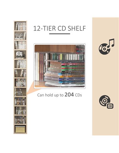 HOMCOM 12-tier Media Storage Cabinet 204 CDs Shelf Tower Multimedia Organizer Rack Stand Bookcase Display Unit 833-135