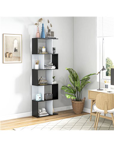 HOMCOM 5-Tier S-Shaped Bookcase, Stylish Storage and Display Shelving, Modern Room Divider, Black 833-450BK