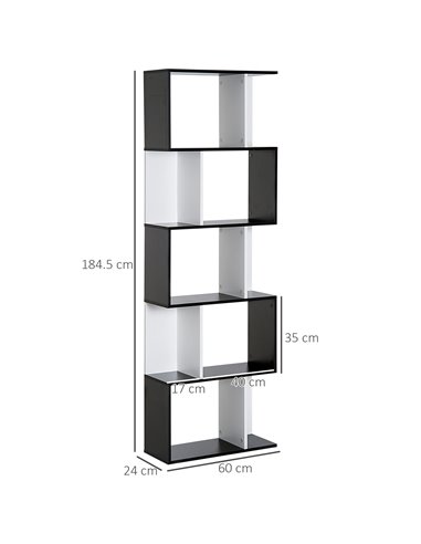 HOMCOM 5-Tier S-Shaped Bookcase, Stylish Storage and Display Shelving, Modern Room Divider, Black 833-450BK