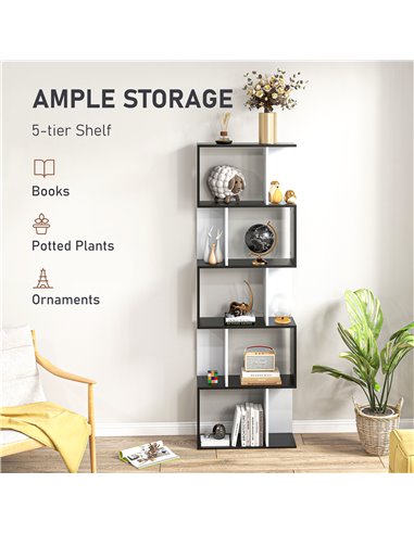 HOMCOM 5-Tier S-Shaped Bookcase, Stylish Storage and Display Shelving, Modern Room Divider, Black 833-450BK