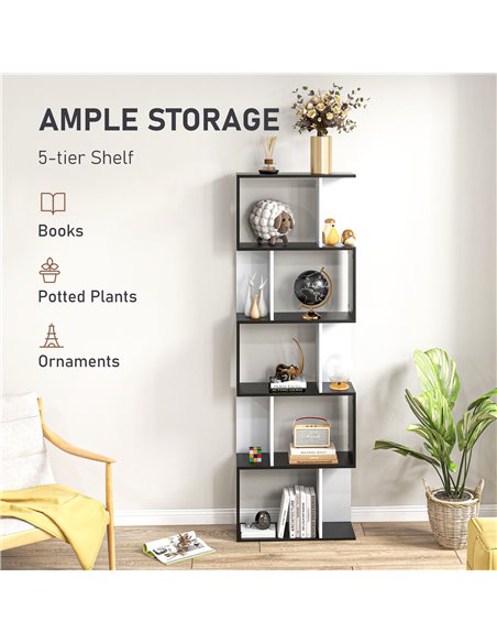 HOMCOM 5-Tier S-Shaped Bookcase, Stylish Storage and Display Shelving, Modern Room Divider, Black 833-450BK - pic 68320 | FastDaddyshop