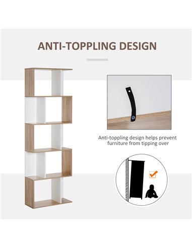 HOMCOM 5-tier Bookcase Storage Display Shelving S Shape design Unit Divider White 833-450