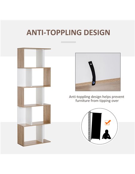 HOMCOM 5-tier Bookcase Storage Display Shelving S Shape design Unit Divider White 833-450 - pic 68330 | FastDaddyshop