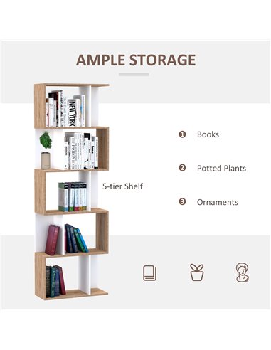 HOMCOM 5-tier Bookcase Storage Display Shelving S Shape design Unit Divider White 833-450