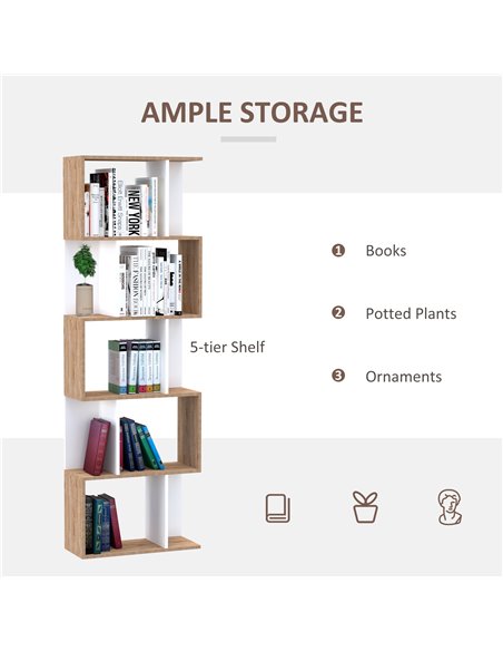 HOMCOM 5-tier Bookcase Storage Display Shelving S Shape design Unit Divider White 833-450 - pic 68331 | FastDaddyshop