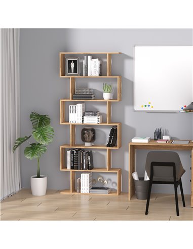 HOMCOM S Shape Wooden Storage Display with 6 Shelves, Room Divider Unit, Bookshelf, Bookcase, Oak 833-382