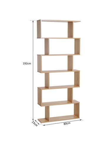 HOMCOM S Shape Wooden Storage Display with 6 Shelves, Room Divider Unit, Bookshelf, Bookcase, Oak 833-382