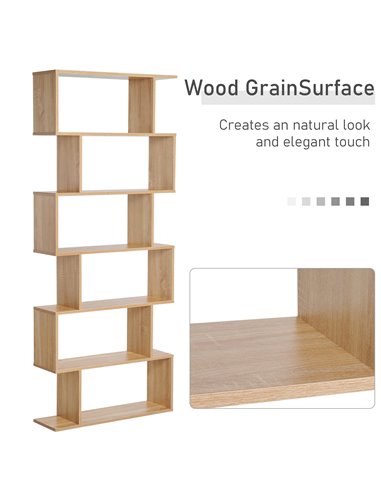 HOMCOM S Shape Wooden Storage Display with 6 Shelves, Room Divider Unit, Bookshelf, Bookcase, Oak 833-382