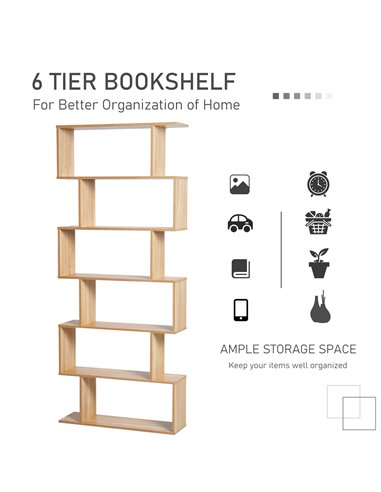 HOMCOM S Shape Wooden Storage Display with 6 Shelves, Room Divider Unit, Bookshelf, Bookcase, Oak 833-382