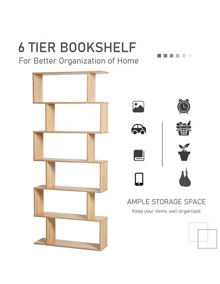 HOMCOM S Shape Wooden Storage Display with 6 Shelves, Room Divider Unit, Bookshelf, Bookcase, Oak 833-382 - pic 68339 | FastDaddyshop