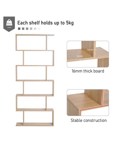 HOMCOM S Shape Wooden Storage Display with 6 Shelves, Room Divider Unit, Bookshelf, Bookcase, Oak 833-382
