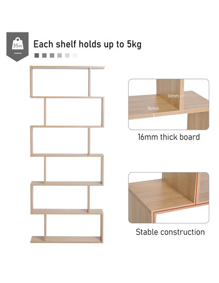 HOMCOM S Shape Wooden Storage Display with 6 Shelves, Room Divider Unit, Bookshelf, Bookcase, Oak 833-382 - pic 68340 | FastDaddyshop