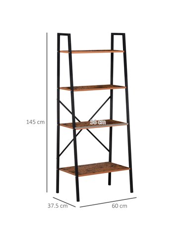 HOMCOM 4-Tier Vintage Ladder Shelf Bookcase Wood Storage Rack Stand Plants Display Black brown 833-604