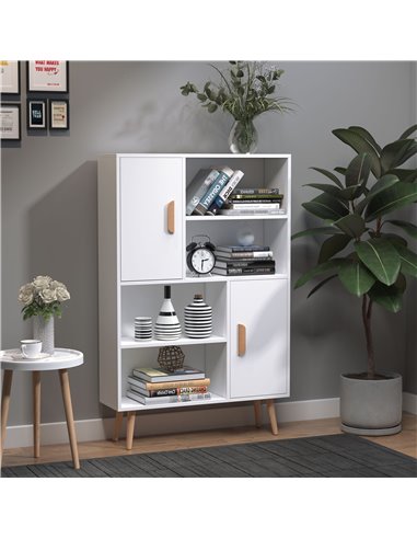 HOMCOM Sideboard Bookshelf Free Standing Bookcase Shelves Unit Display Storage Cabinet Wooden Leg w/ Two Doors White 836-113WT