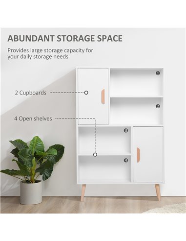 HOMCOM Sideboard Bookshelf Free Standing Bookcase Shelves Unit Display Storage Cabinet Wooden Leg w/ Two Doors White 836-113WT