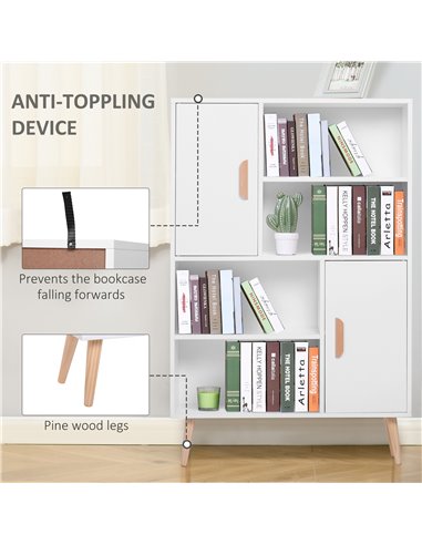 HOMCOM Sideboard Bookshelf Free Standing Bookcase Shelves Unit Display Storage Cabinet Wooden Leg w/ Two Doors White 836-113WT