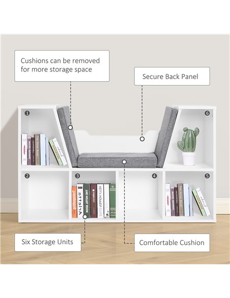 HOMCOM Bookcase with Seat, Cushioned, Storage Shelf, Sideboard, for Kids Reading, Bedroom, Living Room, White 836-115V01WT - pic 68374 | FastDaddyshop