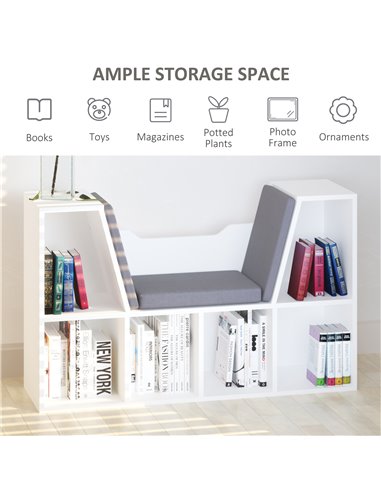 HOMCOM Bookcase with Seat, Cushioned, Storage Shelf, Sideboard, for Kids Reading, Bedroom, Living Room, White 836-115V01WT