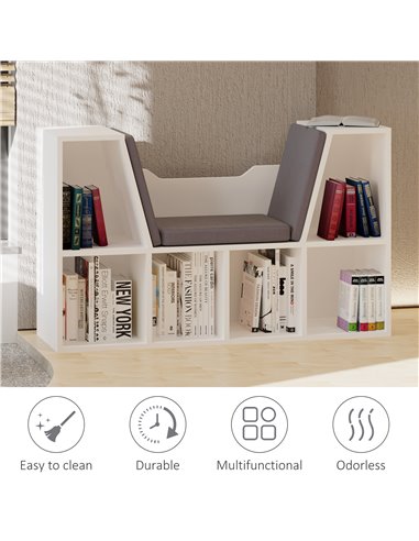 HOMCOM Bookcase with Seat, Cushioned, Storage Shelf, Sideboard, for Kids Reading, Bedroom, Living Room, White 836-115V01WT