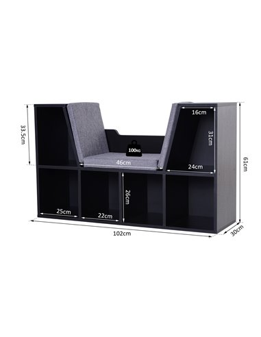 HOMCOM Bookcase Shelf Storage Seat with Cushion Sideboard Kids Children Reading Bedroom Living Room Organizer Black 836-115V01BK