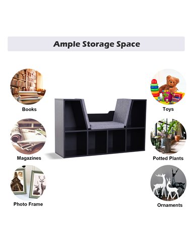 HOMCOM Bookcase Shelf Storage Seat with Cushion Sideboard Kids Children Reading Bedroom Living Room Organizer Black 836-115V01BK